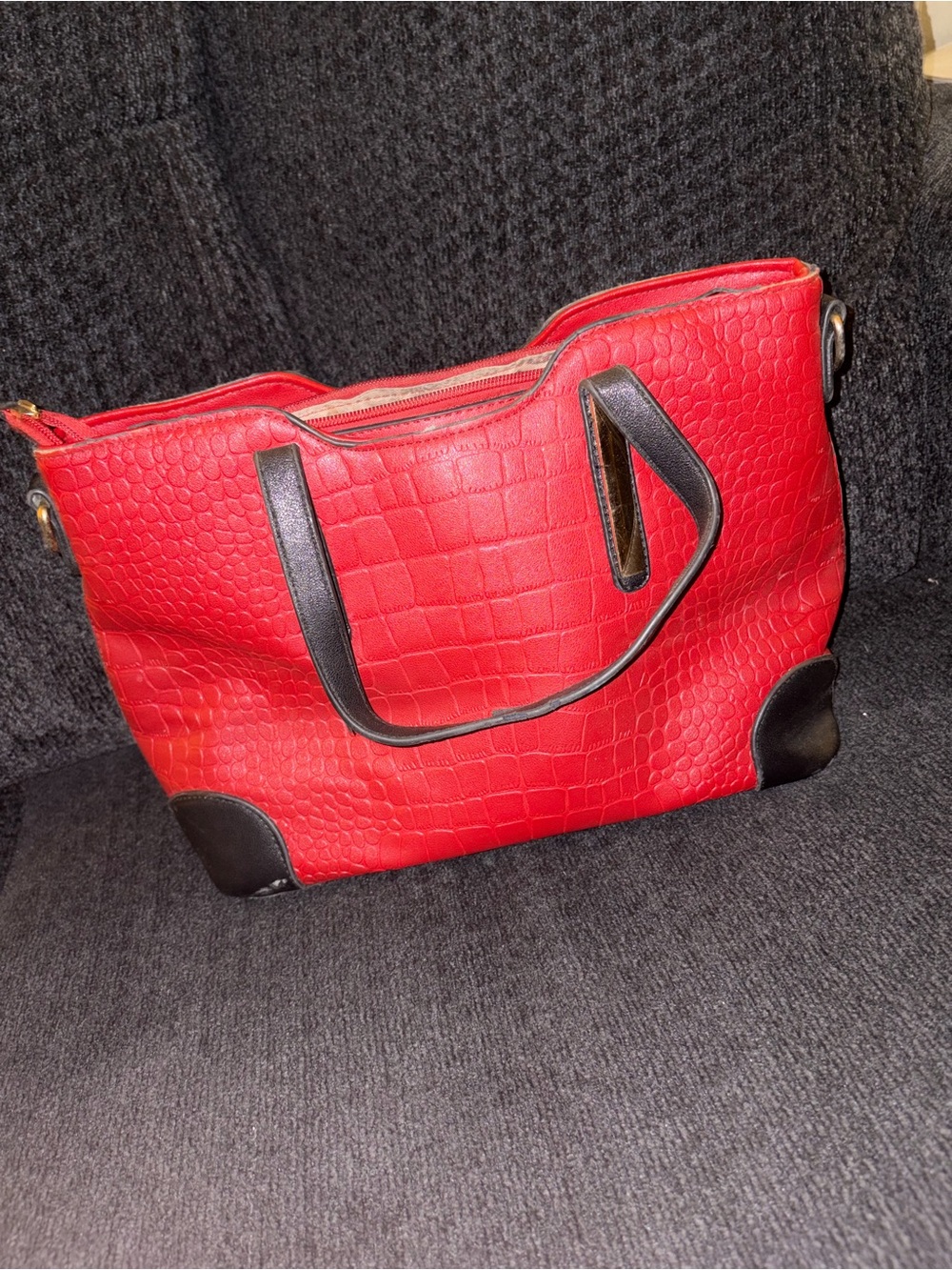 Red Croc-Embossed Tote Bag with Black Trim